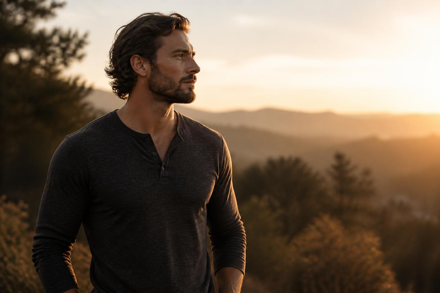 A confident man looking toward the horizon at golden hour